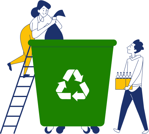 People recycling electronics into a large green bin