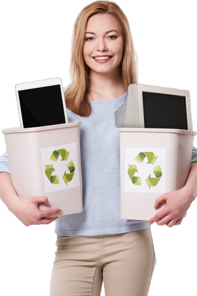 Woman holding recycling bins with plastic and cans