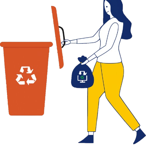 People recycling electronics into a large green bin